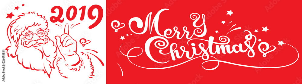 2019 Happy New Year, calligraphy text on red background, Santa Claus. Suitable for all Christmas and New Year holidays. Vector image