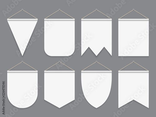 White pennant. Hanging empty fabric flags. Advertising canvas outdoor banners. Pennants vector mockup. Illustration of banner pennant collection for advertising photo