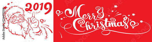 2019 Happy New Year, calligraphy text on red background, Santa Claus. Suitable for all Christmas and New Year holidays. Vector image