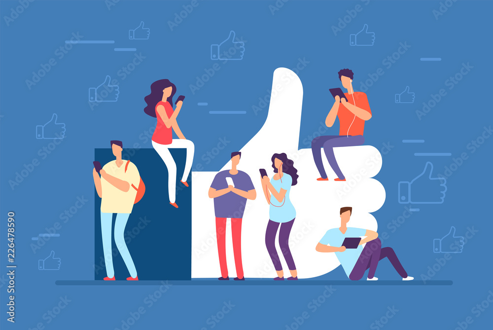 Like concept. People with phones at big thumbs up, like icon. Social media community vector background. Like people community, thumb up and smartphone communication illustration