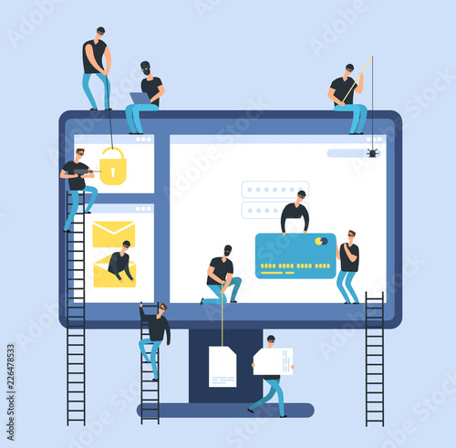 Hackers. Cyber thief robbing computer confidential bank data. Hacker identity and money risk vector concept. Fraud computer data, thief cyber illustration