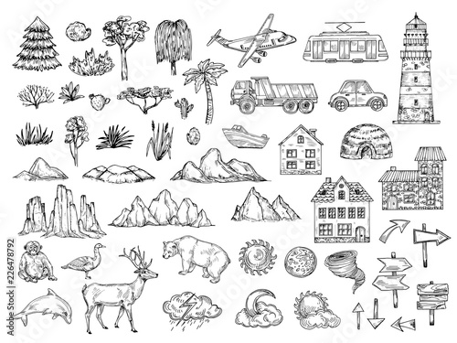 Hand drawn map elements. Sketch hill mountain, tree and bush, buildings and clouds. Vintage engraving vector symbols for cartography. Animal and pointer, sun and moon sketch, monkey bear illustration