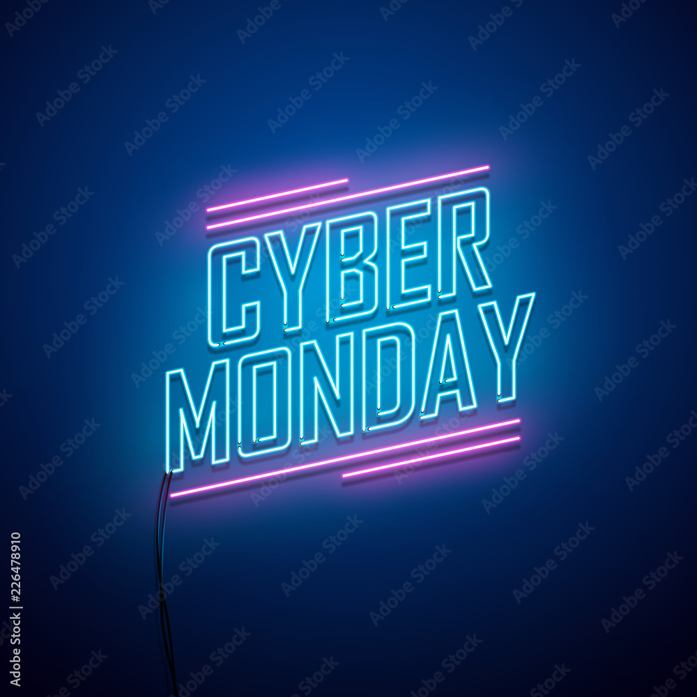 Fototapeta premium Cyber Monday background. Neon sign. Vector illustration.