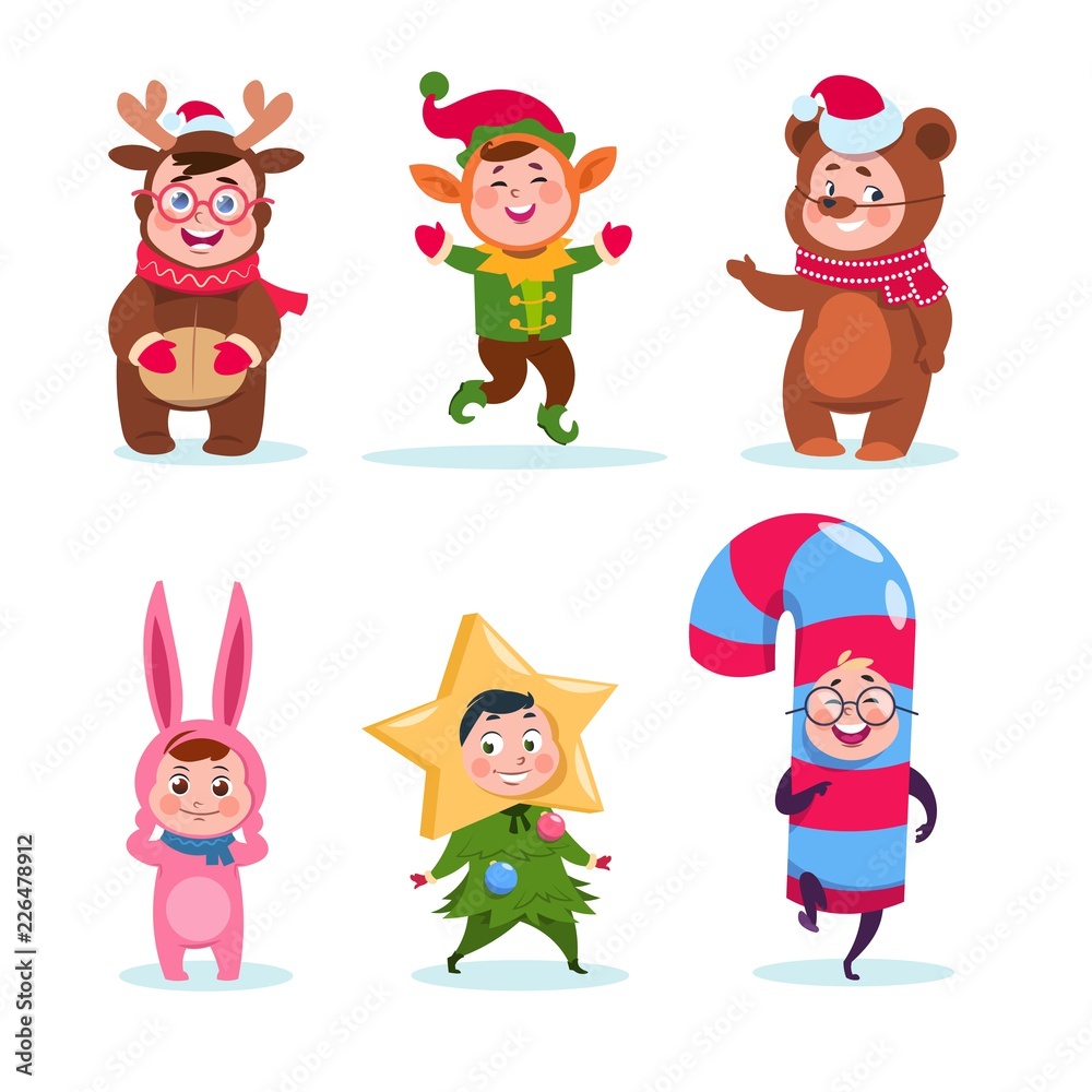 Kids wearing christmas costumes. Cartoon happy children greeting christmas. Winter holiday vector characters. Illustration of character childhood costume, funny child greeting holiday