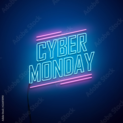 Cyber Monday background. Neon sign. Vector illustration.