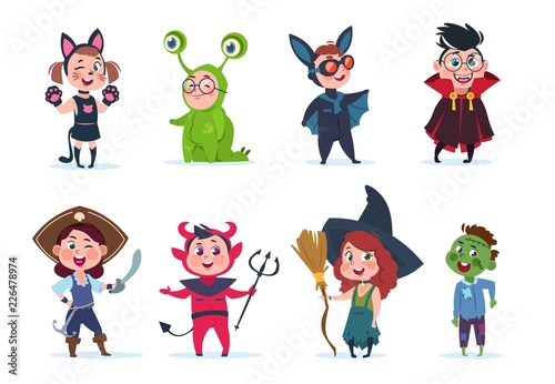 Kids halloween costumes. Cartoon cute baby at halloween party. Festival cartoon vector characters costume for child, witch and monster, pirate and dracula illustraion