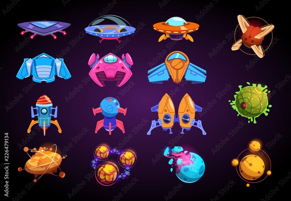 Cartoon planets and spaceships. Fantastic rockets, ufo and alient  futuristic planets. Space war game vector kit. Ufo rocket and spaceship,  transportation travel universe illustration Stock Vector | Adobe Stock