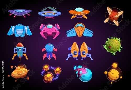 Cartoon planets and spaceships. Fantastic rockets, ufo and alient futuristic planets. Space war game vector kit. Ufo rocket and spaceship, transportation travel universe illustration
