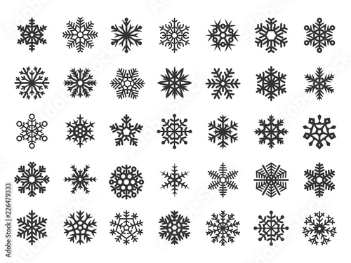 Black festive vector snowflakes set. Christmas holydays decoration elements isolated on white background. Snow winter snowflake, xmas snowy illustration