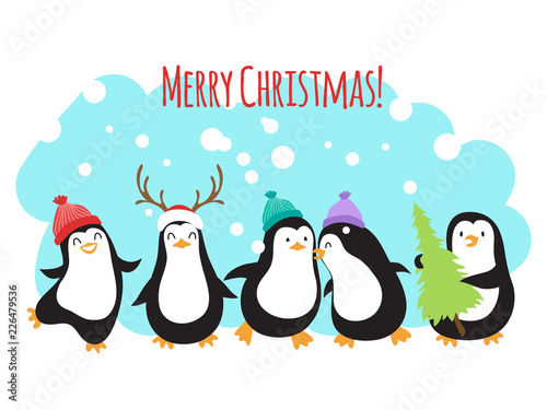 Christmas winter holidays vector greeting banner or background with cute cartoon penguins. Penguin merry xmas celebration, snowy banner illustration