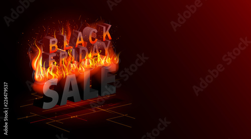 Black Friday. Sale banner. Hottest Discounts. Fire illustration. Modern isometric abstract vector. Web online landing page, shopping bargain sales concept.