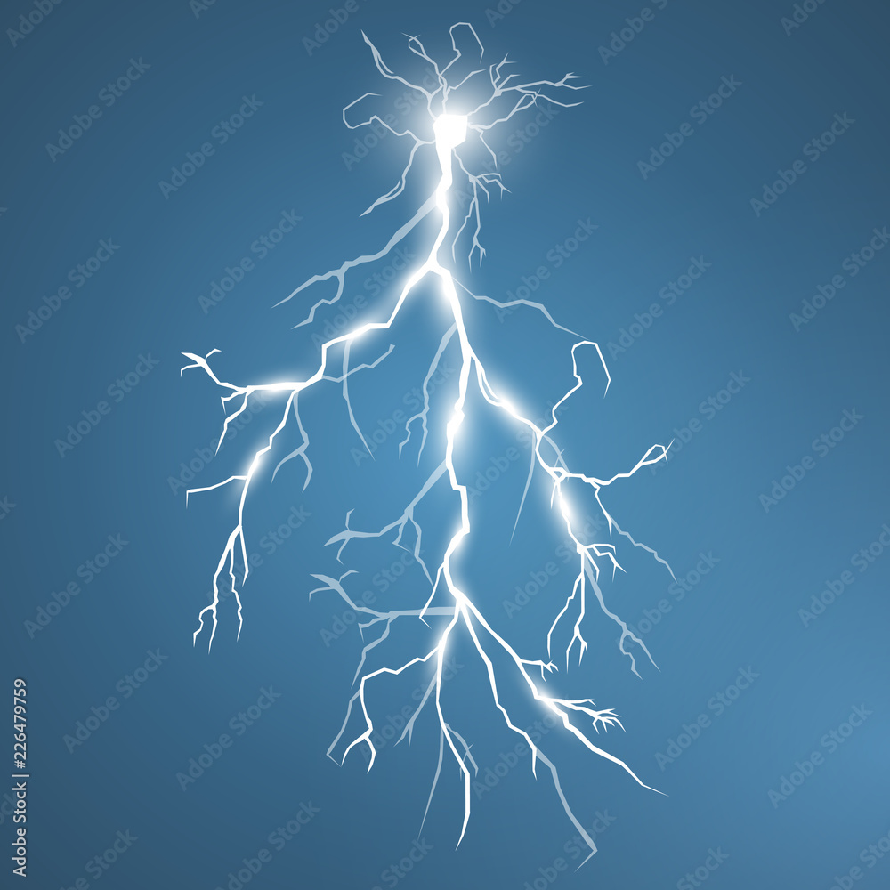Lightning and thunder bolt, glow and sparkle effect, vector art and illustration. Stock Vector