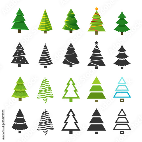 Flat christmas winter trees with festive xmas decoration and black fir tree silhouettes vector collection. Christmas winter tree big set