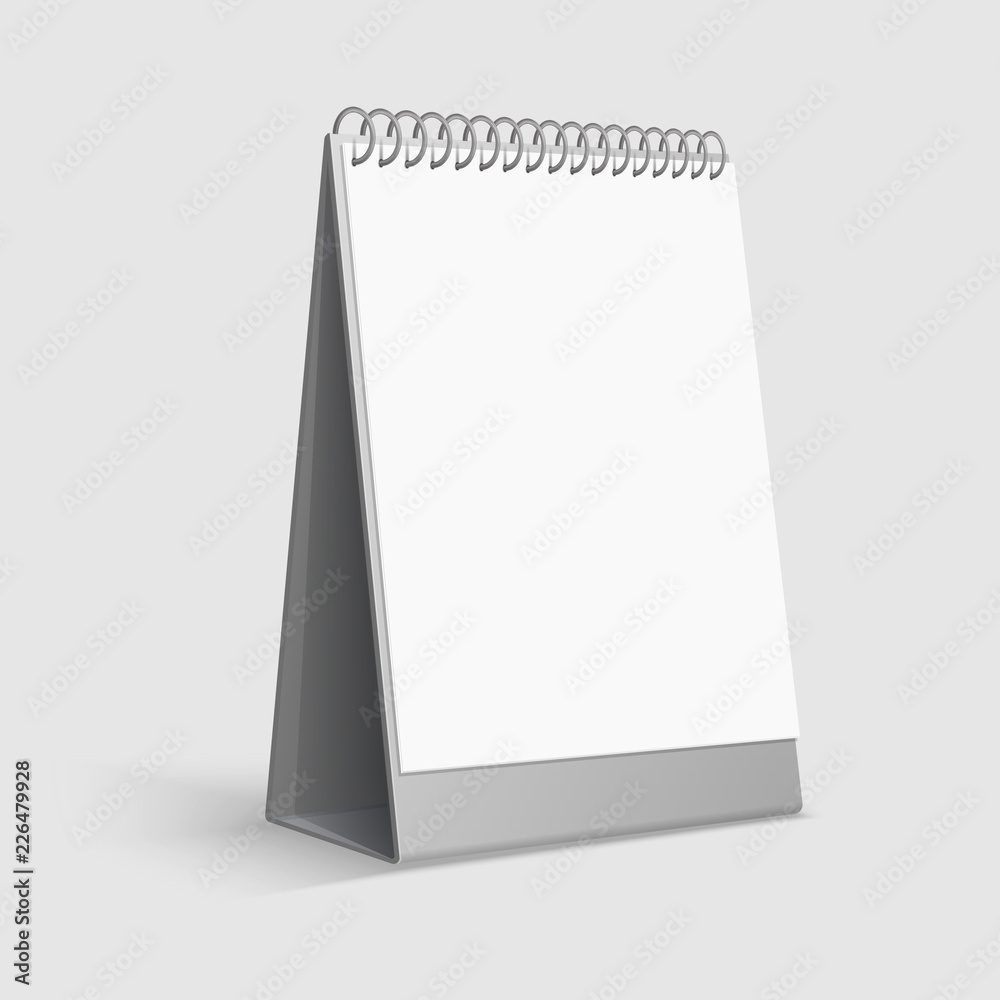 Calendar mockup. Blank white desktop office calendar with ring binder. 3d vector template. Calendar office mock up, page with spiral illustration Calendar mockup. Blank white desktop office calendar with ring binder. 3d vector template. Calendar office mock up, page with spiral illustration
