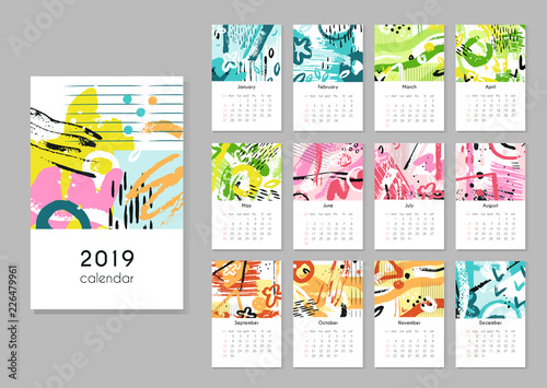 Calendar 2019. Seasons collage  abstract painting modern creative printable planner. Vector organizer with calendar grid template. Illustration of calendar planner page collection