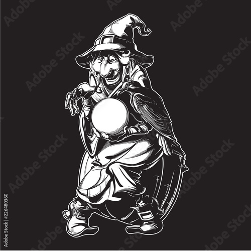 Old witch in a cone hat holding a crystal ball and foretelling the future. Funny cartoon style character. Black and white engraving style drawing isolated on a black background. EPS10 vector.