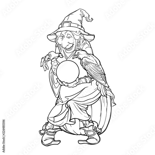 Old witch in a cone hat holding a crystal ball and foretelling the future. Funny cartoon style character. Black and white linear drawing isolated on a white background. EPS10 vector.