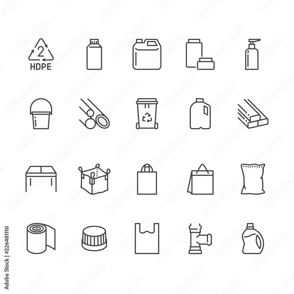 High density polyethylene flat line icons. HDPE products jerry can, plastic canister, pipe, milk jug, garbage container vector illustrations. Packaging thin signs. Pixel perfect 64x64 Editable Strokes
