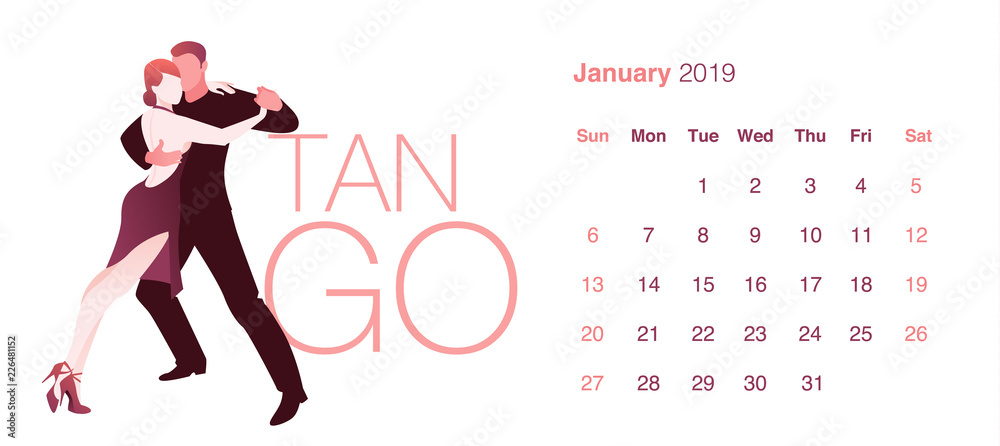 2019 Dance Calendar. January. Elegant couple dancing tango on white background. - obrazy, fototapety, plakaty 