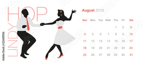 2019 Dance Calendar. August. Young couple wearing retro clothes dancing Lindy Hop on white background