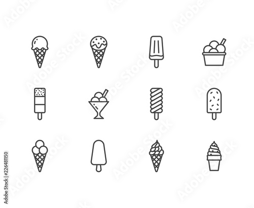 Ice cream flat line icons set. Waffle cone, ice lolly, frozen juice, popsicle, sorbet in bowl vector illustrations. Thin signs for dessert menu. Pixel perfect 64x64. Editable Strokes.