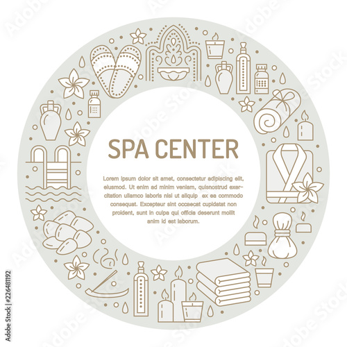 Spa center banner illustration with flat line icons. Essential oils, aromatherapy massage, turkish steam bath hamam sauna. Circle template thin linear signs body treatments.