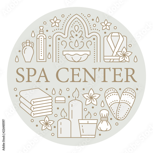 Spa center banner illustration with flat line icons. Essential oils, aromatherapy massage, turkish steam bath hamam sauna. Circle template thin linear signs body treatments.