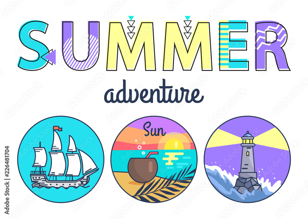 Obraz premium Summer Adventure Promo Banner with Round Seascapes