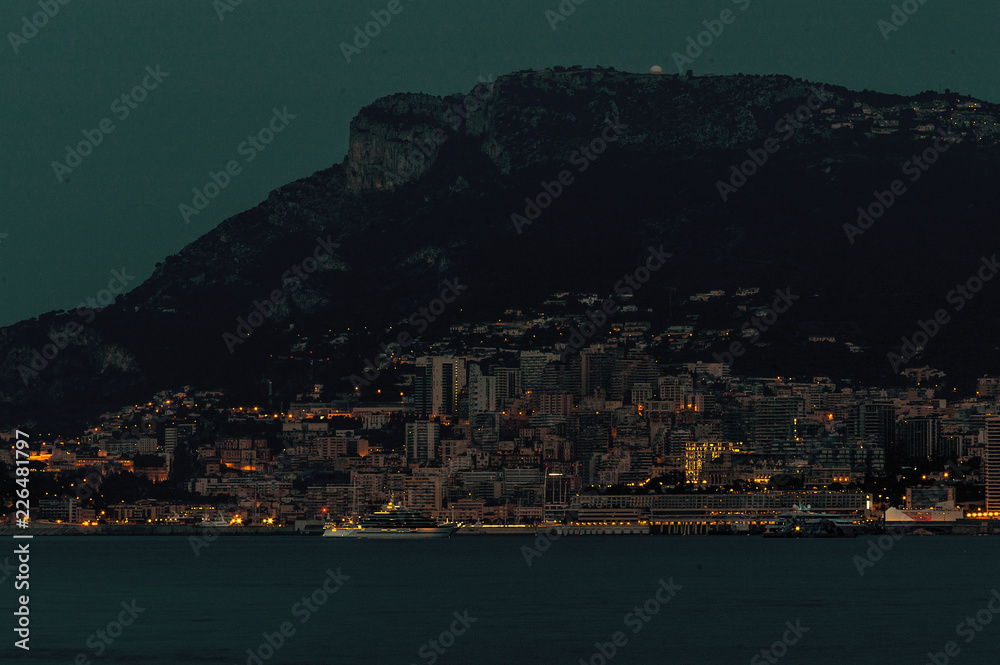 Panoramic view of Montecarlo Principality of Monaco before sunrise blue hour