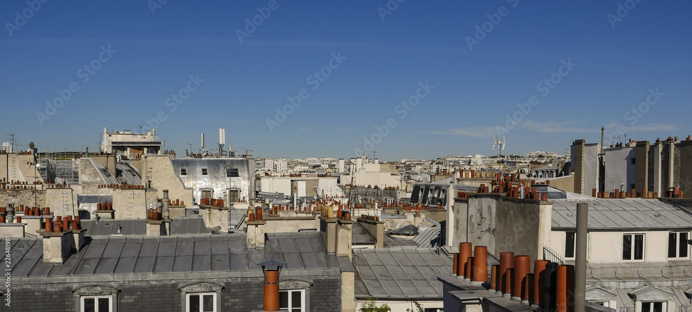 The roofs of Paris and its chimneys under a clouds sky