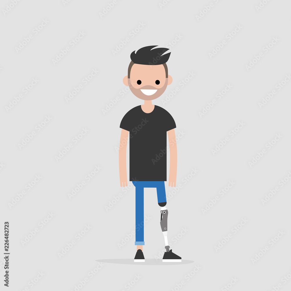 Young male character with prosthetic lower limb. Modern disabled people. Lifestyle. New technologies. Flat editable vector illustration, clip art