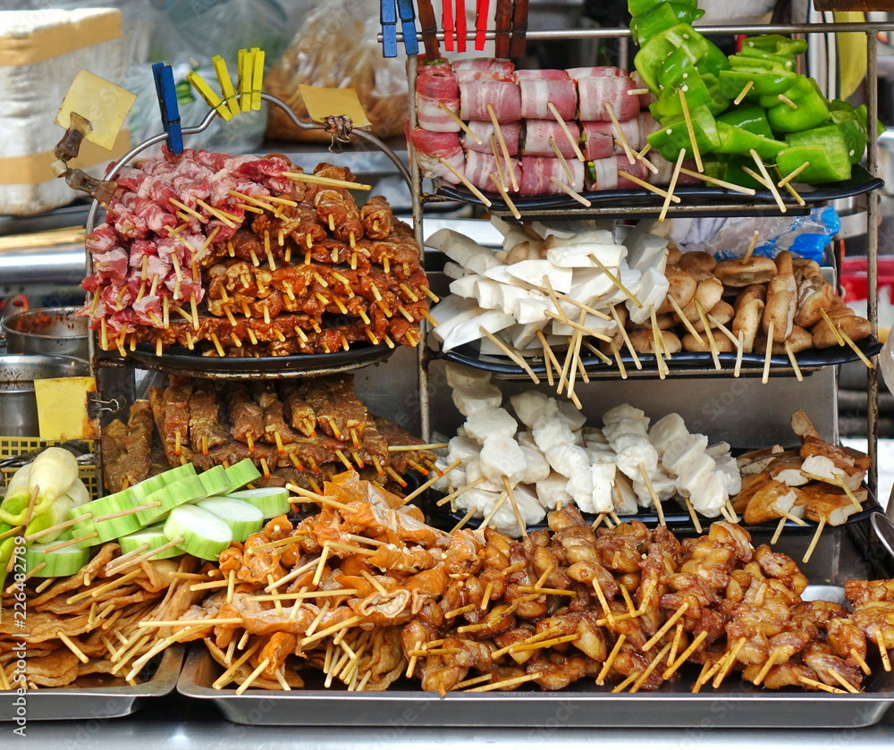A variety of meat and vegetable skewers
