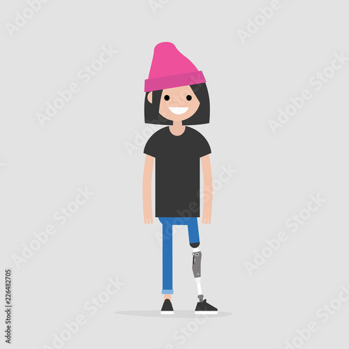 Young female character with prosthetic lower limb. Modern disabled people. Lifestyle. New technologies. Flat editable vector illustration, clip art