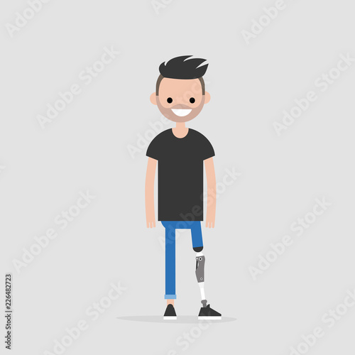 Young male character with prosthetic lower limb. Modern disabled people. Lifestyle. New technologies. Flat editable vector illustration, clip art
