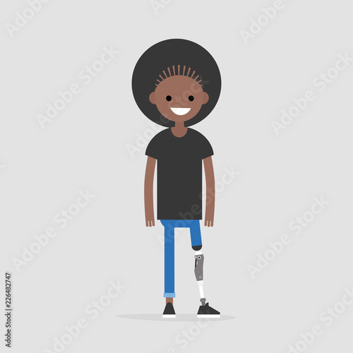 Young black female character with prosthetic lower limb. Modern disabled people. Lifestyle. New technologies. Flat editable vector illustration, clip art