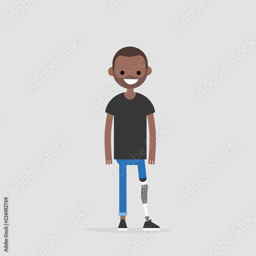 Young black character with prosthetic lower limb. Modern disabled people. Lifestyle. New technologies. Flat editable vector illustration, clip art