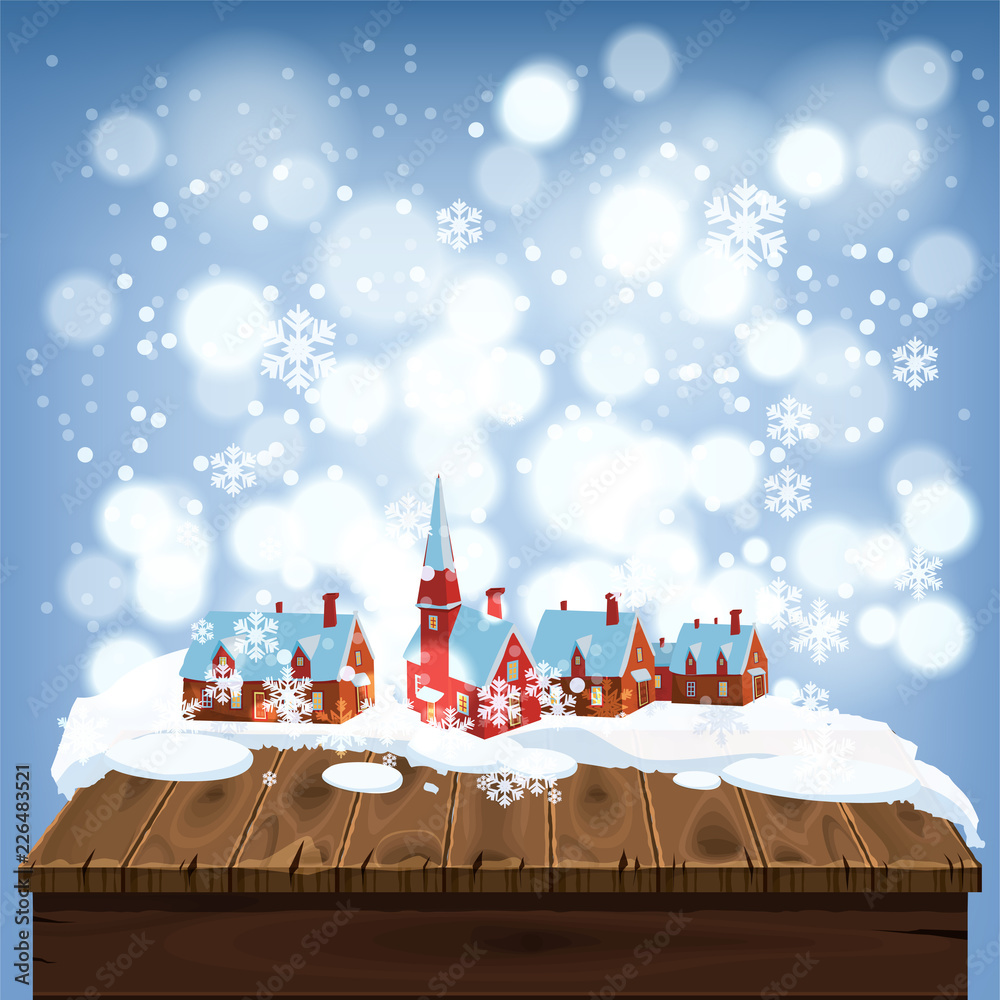 Fototapeta premium Merry Christmas greeting card, old table covered with snow, the village, beautiful design, background winter, vector illustration