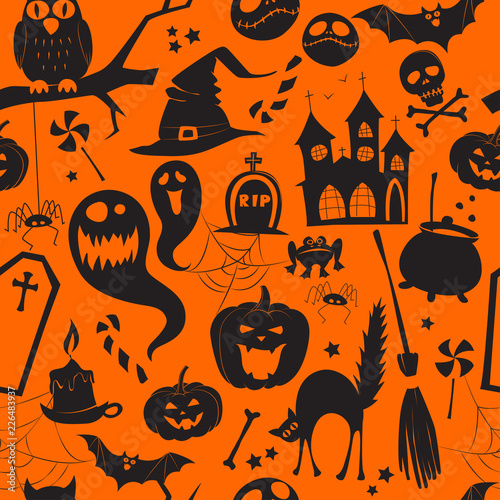 Orange and black seamless background silhouette halloween party pattern