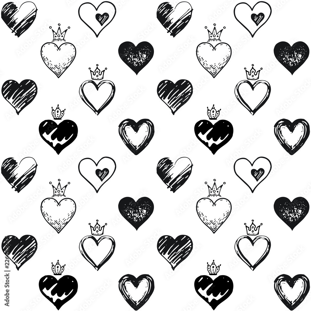 Seamless hearts pattern, hand drawn sketch, vector illustration