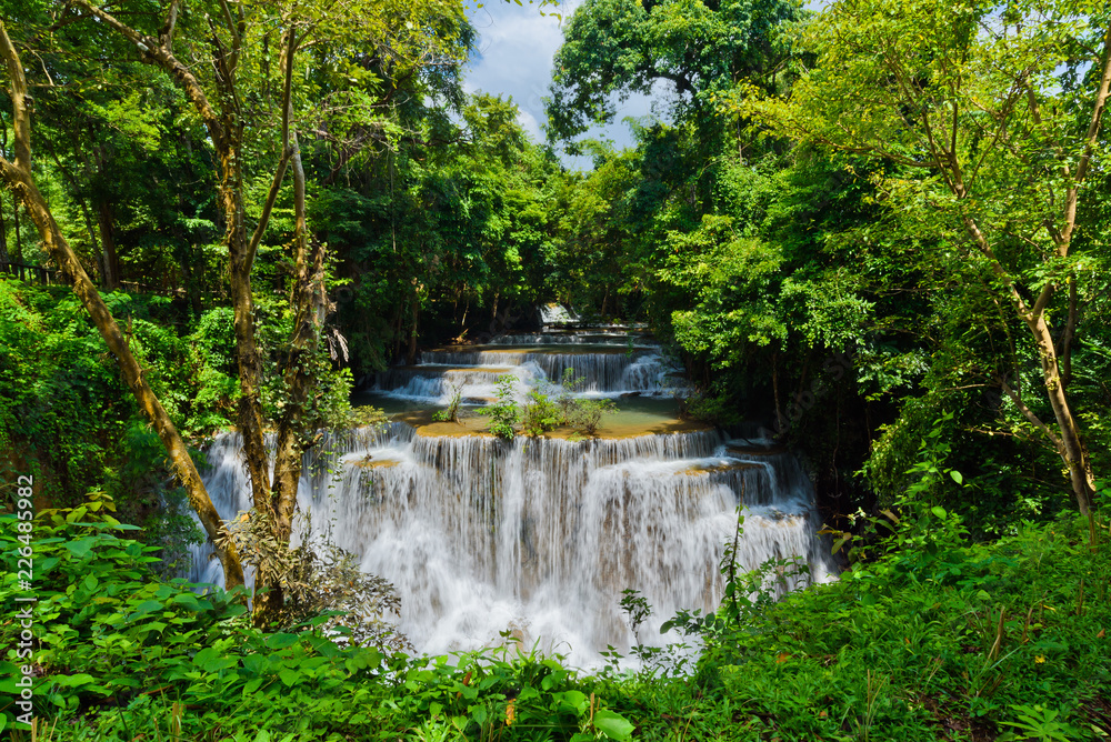 Huai Mae Khamin waterfall at Kanchanaburi , Thailand , beautiful waterfall, forest, waterfall with tree background