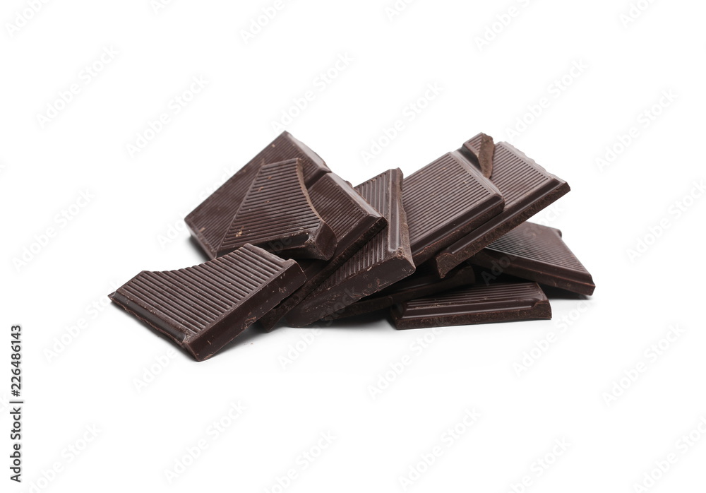 Dark chocolate with cocoa bars, pieces isolated on white background Dark chocolate with cocoa bars, pieces isolated on white background