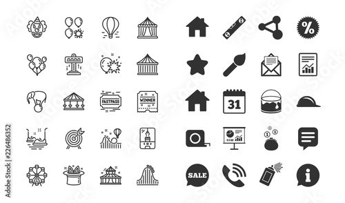 Amusement park line icons. Set of Carousels, Roller coaster and Circus linear icons. Air balloon, Crane claw machine and Fastpass symbols. Circus amusement park tickets. Vector