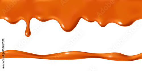 Seamless dripping caramel drops of sweet sauce isolated on white background. Orange or brown paint stains design. Vector illustration. Realistic horizontal border