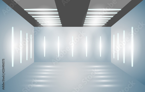Exhibition empty 3D room with bright lighting. Presentation of cars, motorcycles, retro, valuables. Vector illustration for your business projects.
