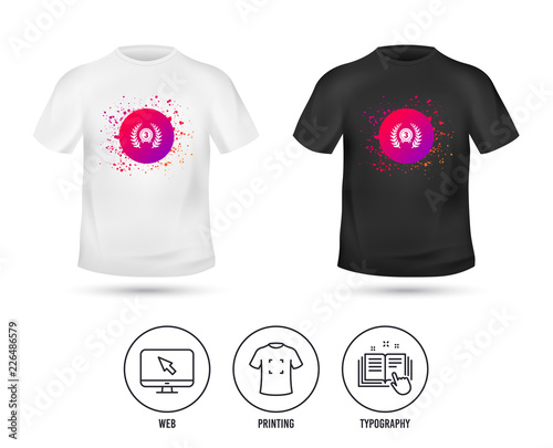 T-shirt mock up template. Third place award sign icon. Prize for winner symbol. Laurel Wreath. Realistic shirt mockup design. Printing, typography icon. Vector