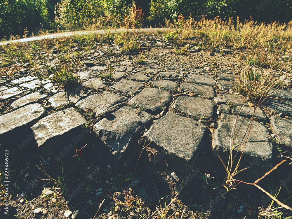 Naklejka premium Grey Old Stone Pavement Top View or Granite Cobblestone Road.