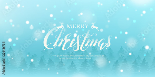 Vector horizontal illustration with forest of fir trees, text “Merry Christmas” and snowfall. Simple festive blue background with lettering and snow for design of flyer and banners.