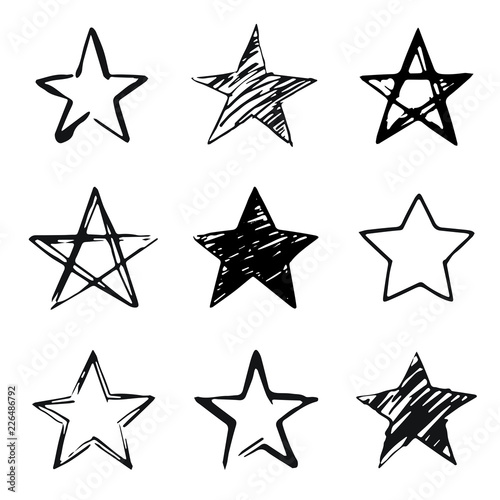 Stars set, hand drawn sketch, doodle vector illustration. Black symbols drawn by brush, pen, ink, Isolated on white background. Cool trendy handdrawn set for logo, textile print, fabric design, card photo