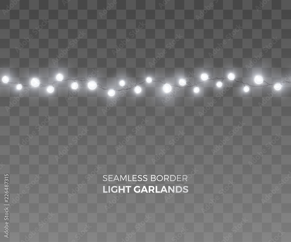 Vector seamless horizontal border of realistic light garland. Festive  decoration with white Christmas lights. String with glowing fairy bulbs of  the different sizes isolated on transparent background Stock Vector | Adobe  Stock