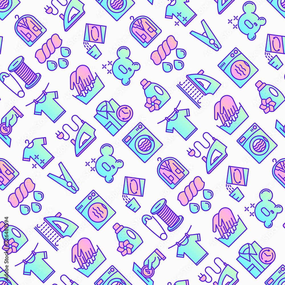 Laundry service seamless pattern with thin line icons: washing machine, spin cycle, drying machine, fabric softener, iron, handwash, washing powder, steaming. Modern vector illustration. Laundry service seamless pattern with thin line icons: washing machine, spin cycle, drying machine, fabric softener, iron, handwash, washing powder, steaming. Modern vector illustration.